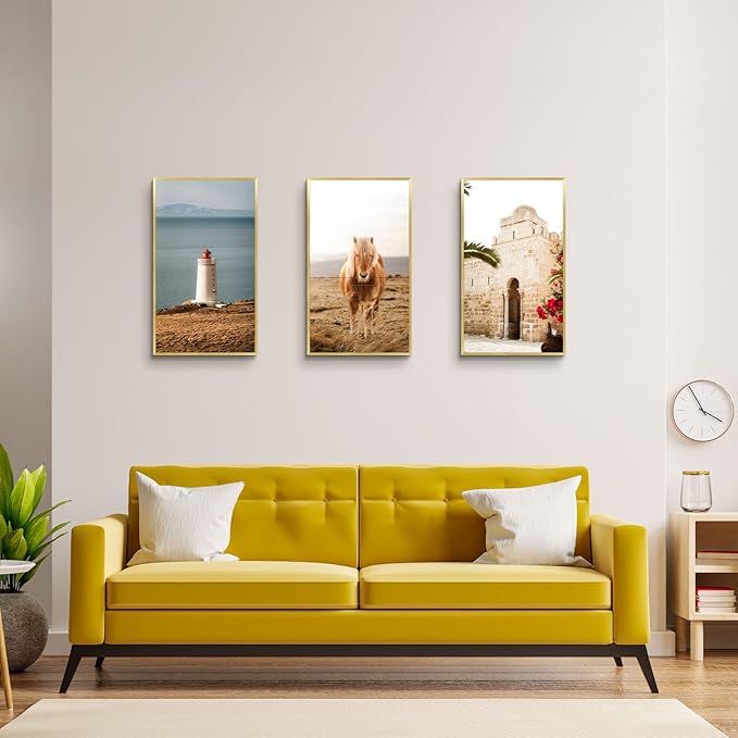 Golden State Art, 14x24 Aluminum Picture Frame, Gold Metal Thin Poster Frames for 14 x 24 inch Photo, Acrylic Front, Wall Hook for Horizontal or Vertical Display, 3 Pack