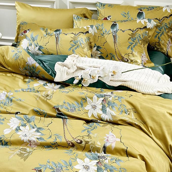 mixinni Floral Duvet Cover Set Full Soft Cotton White Flowers Birds Bedding with Zipper Closure 2 Pillowcases Leaf Printed Yellow Comforter Cover Set-Easy Care, Soft and Durable-Full Size