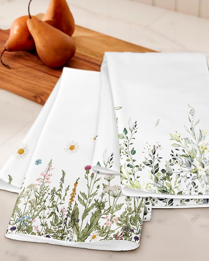 Microfiber Kitchen Towels - Set of 2 Dish Towels for Kitchen 18 x 26 Inch Home Decoration Grass Flower Cute Spring Hand Towels Soft & Absorbent Aesthetic Design
