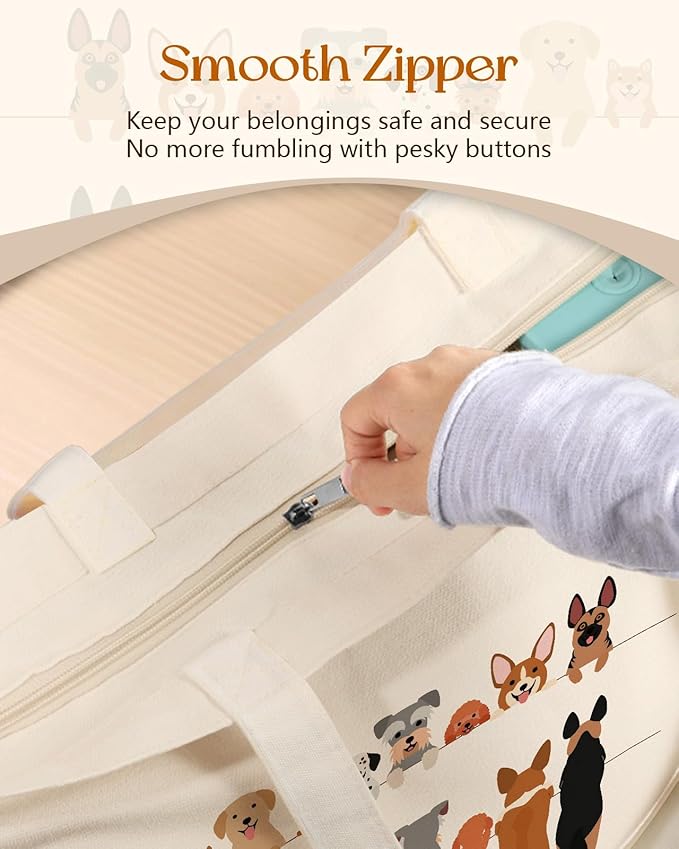 Canvas Tote Bag for Women – Aesthetic Canvas Bag with Zipper Cute Stylish Reusable Shoulder Totes for Shopping Work Daily Vacation, Multi Puppies