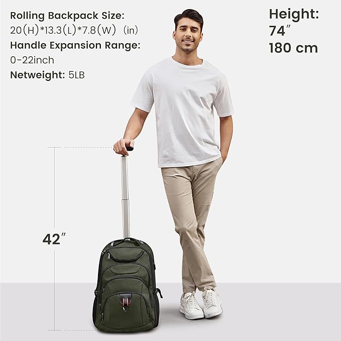 Boavan Rolling Backpack,17 inch Water Resistant Wheeled Backpack,Carry on Luggage Business Bag, Overnight College Computer bag Trolley Suitcase for Men Women Adults to Travel，Green
