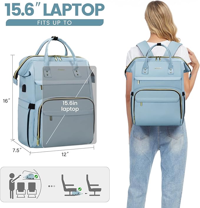 LOVEVOOK Laptop Backpack for Women,15.6 Inch Professional Womens Travel Backpack Purse Computer Laptop Bag Nurse Teacher Backpack,Waterproof College Work Bags Carry on Back Pack with USB Port,Sky Blue