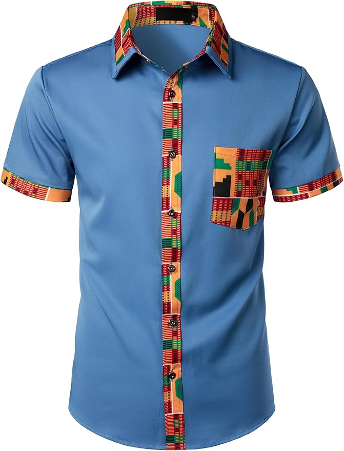 ZEROYAA Men's African Printed Patchwork Design Short Sleeve Button up Shirt