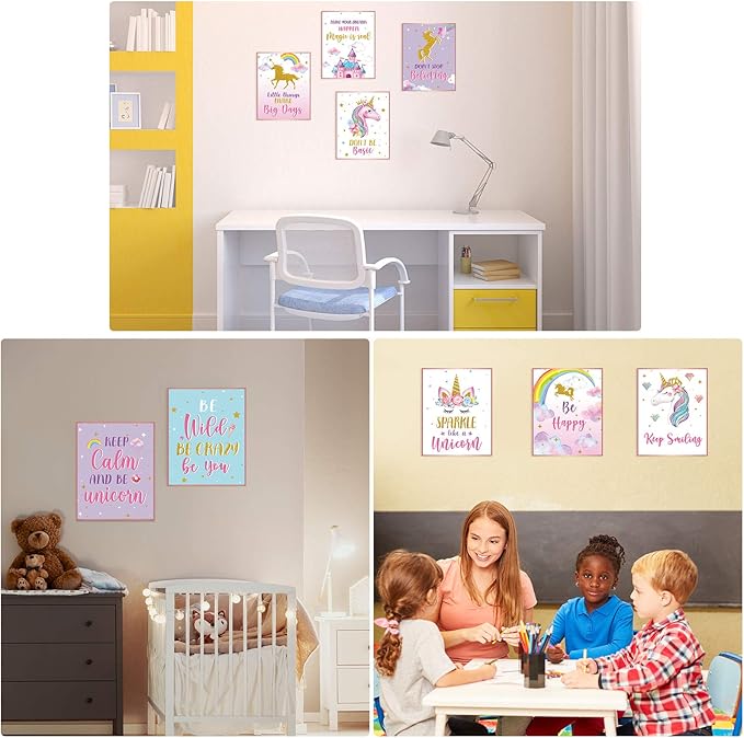 Zonon 9 Pcs Unicorn Wall Decor Girls Room Inspirational Unicorn Art Prints Poster Watercolor Rainbow Flower Girls Bedroom Decor Cute Unframed for Christmas Kids Teen Nursery Decoration Gift, 8" x 10"