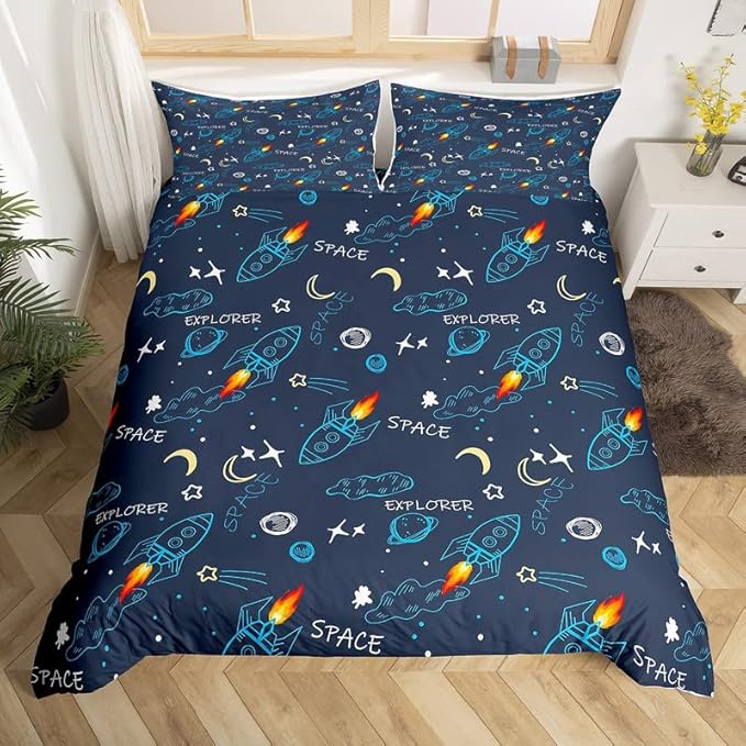 Feelyou Outer Space Duvet Cover Set Universe Galaxy Comforter Cover for Kids Boys Girls Star Moon Bedding Set 1 Duvet Cover & 1 Pillowcase