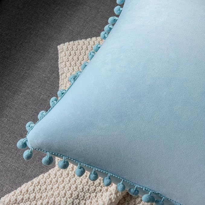 DEZENE Throw Pillow Cases 18x18 Light-Blue: 2 Pack Cozy Soft Pom-poms Velvet Square Decorative Pillow Covers for Farmhouse Home Decor