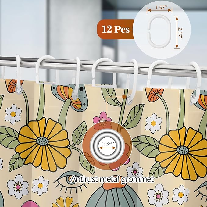 Aimego Boho Mushroom Shower Curtain - 60s 70s Retro Bohemian Flowers Eyes Floral Fabric Cloth Bath Shower Curtain Set with 12 Hooks for Bathroom Decor Accessories, 72"x72"