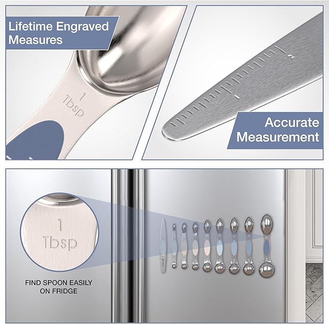 Magnetic Measuring Spoons Set - Stainless Steel, Double Ended, Stackable & Nested Design for Dry and Liquid Ingredients, Ideal for Spice Jars, 9-Piece Set with Leveler (Farmhouse)