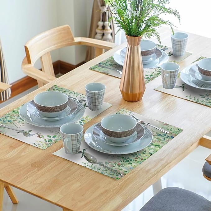Giwawa 4PCs Hummingbird Placemats for Kitchen Dining, Spring Summer Sage Green Eucalyptus Leaf Herb Botanical Washable Linen Place Table Mat 12x18in for Tabletop Holiday Party Picnic Decor