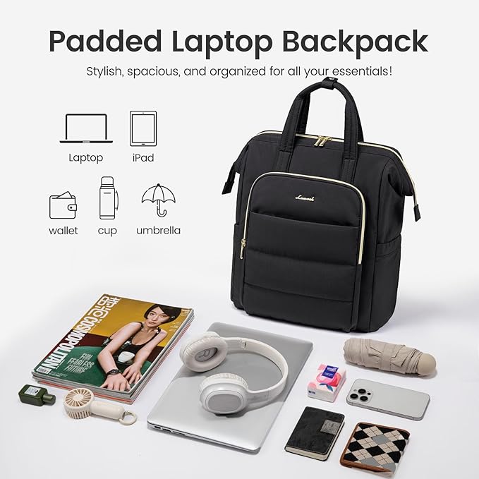 LOVEVOOK Laptop Backpack Women 15.6 inch,Lightweight Puffer Travel Backpacks for Women,Quilted Laptop Bag Computer Work Teacher Nurse Backpack,Womens Backpack Purse Daypack for College Business,Black