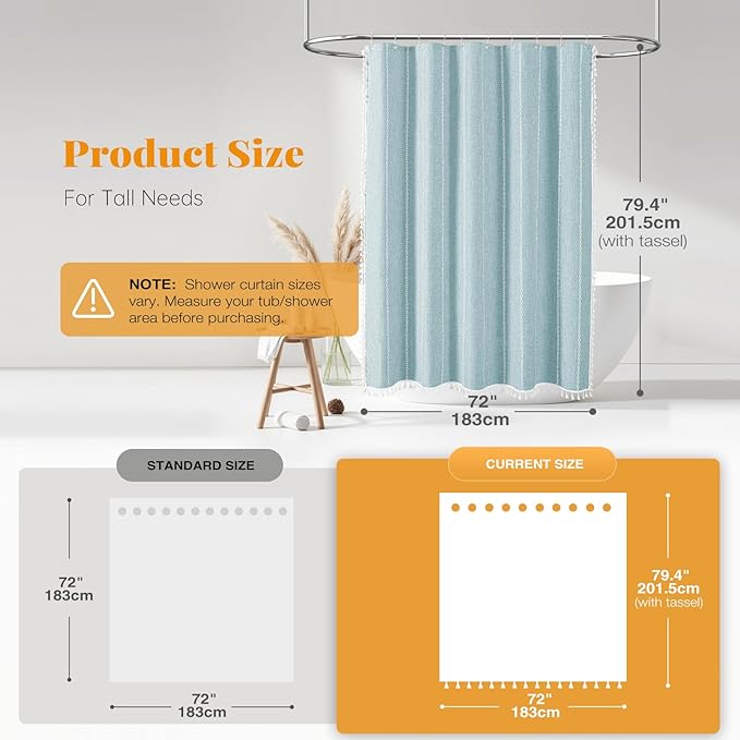 BTTN 78 Inch Long Shower Curtain - Boho Farmhouse Linen Thick Striped Fabric Shower Curtain Set with Plastic Hook, Tall Rustic Country Luxury Cloth Shower Curtains for Bathroom - Fog Blue - 72x78