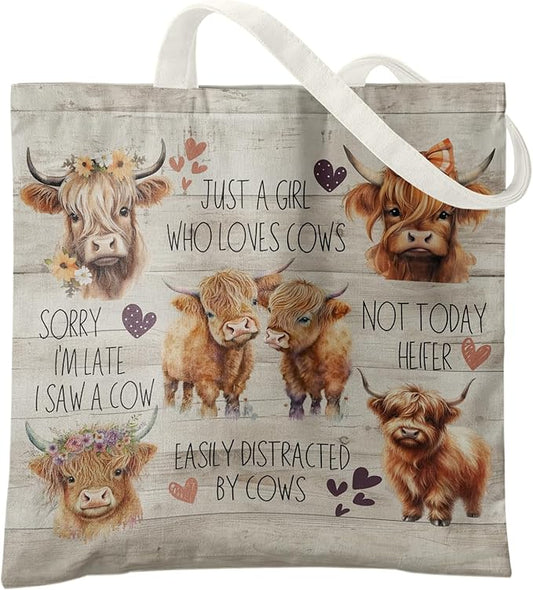 Western Highland Cow Canvas Tote Bag - Highland Cow Lover Gifts,Canvas Shoulder Bag for Women for Girls