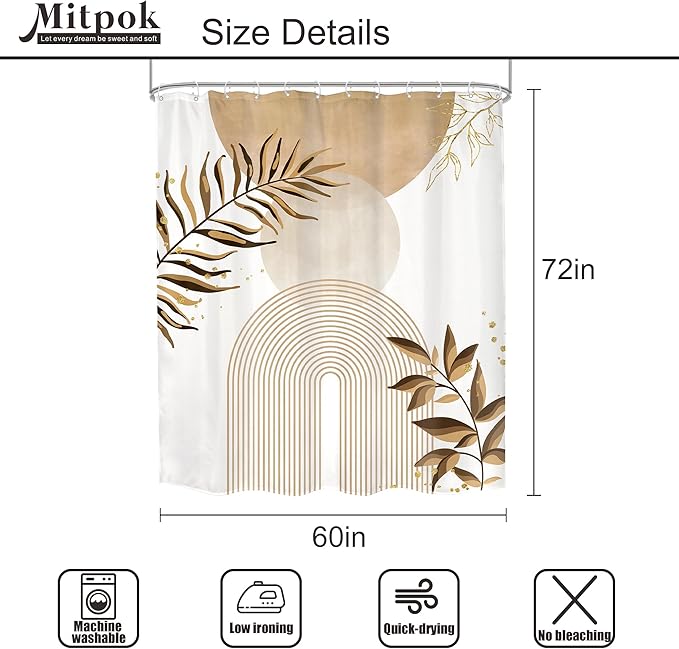 Beige Boho Shower Curtain 60Wx72H Bohemian Abstract Modern Mid Century Leaves Minimalist Contemporary Plant Cream Bathroom Decor Arch Simple Neutral Bath Curtain Fabric Polyester 12 Pack Hooks
