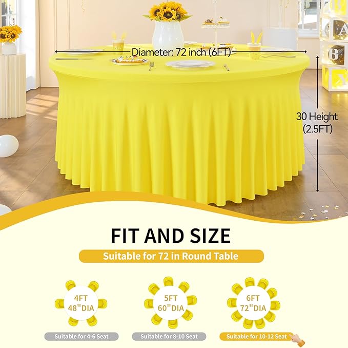 Outpain Spandex Round Tablecloths - 6 Pack Yellow, 72 inch Fitted Table Cloths with Skirt - Wrinkle Free for Wedding Party Dining Banquet
