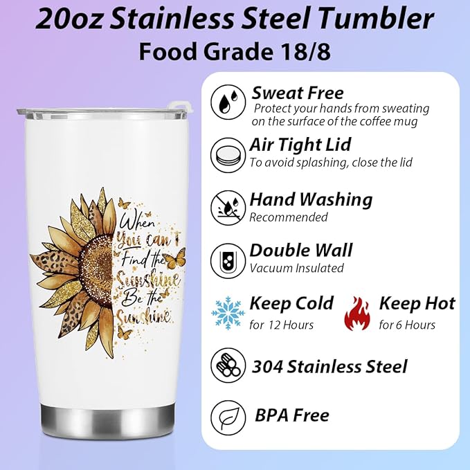 Sunflower Gifts for Women Tumbler, Positive Sunflower Stuff Accessories Birthday Christmas, Inspirational Sunshine Butterfly Coffee Mug Stainless Steel Vacuum Insulated Double Wall Travel Cup，20oz