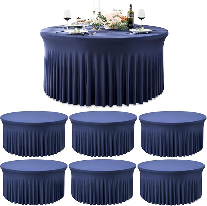 Outpain 6 Pack 72In/6FT Navy Blue Spandex Round Tablecloths, Stretchy 132inch Fitted 6FT Round Table Cloths, Wrinkle Free Table Cover with Skirt for Wedding Party Dining Banquet