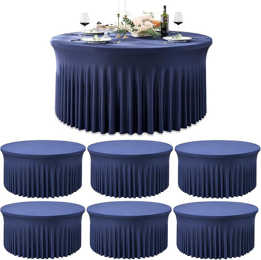 Outpain 6 Pack 72In/6FT Navy Blue Spandex Round Tablecloths, Stretchy 132inch Fitted 6FT Round Table Cloths, Wrinkle Free Table Cover with Skirt for Wedding Party Dining Banquet