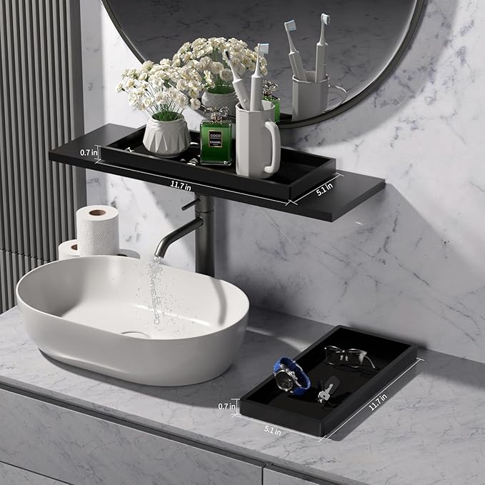 BBK Bathroom Vanity Tray 11.8 in- 2 Pack(Large) Silicone Bathroom Tray for Counter, Perfume Key Trinket Ring Tray, Decor Soap Dispenser Countertop Tray for Kitchen Sink Organization (Black)