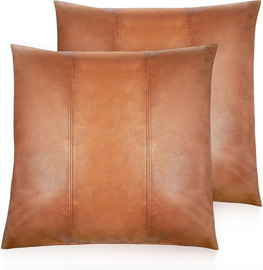 Faux Leather Throw Pillow Covers 26X26 Inch Set of 2 Brown Outdoor Modern Farmhouse Solid Decorative Pillow Covers for Room Couch Living Bedroom Bed Sofa