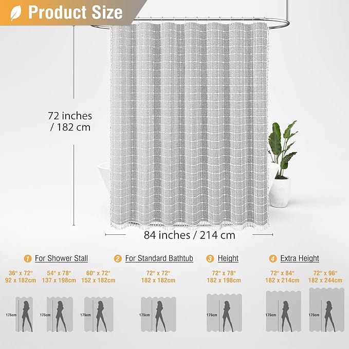 BTTN 84 Inch Wide Shower Curtain - W84xH72 Inch Linen Boho Farmhouse Fabric Shower Curtain Set with 14 Plastic Hooks, Large Country Thick Water-Resistant Cloth Bath Curtains for Bathroom - Grey/Gray