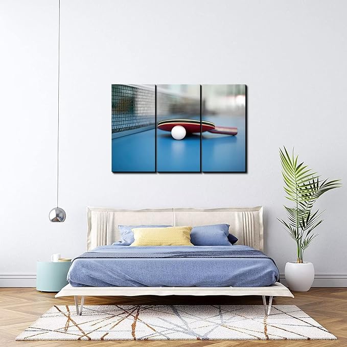 3 Piece Canvas Wall Art - Table Tennis Ball and Bat - Modern Home Decor Stretched and Framed Ready to Hang (40''H x 60''W)