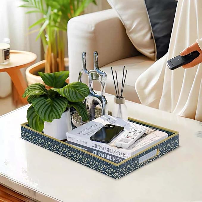 Plastic Serving Tray with Handles,Large Ottoman Tray for Living Room,Large Rectangle Trays for Ottoman Coffee Table,Decorative Blue Boho Serving Trays for Home Decor,16" x 12"