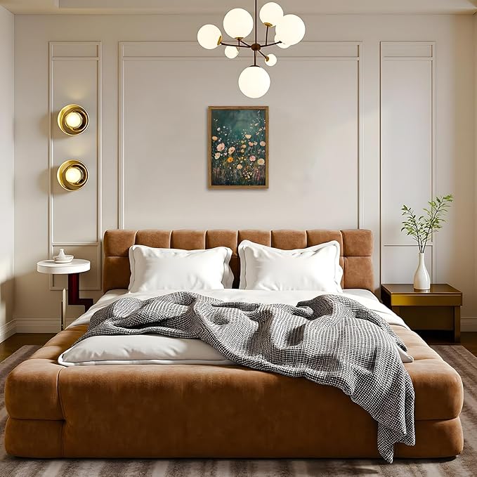 Framed 3D Textured Vintage Wildflower Wall Art, Green Flower Wall Decor Painting, Hand Drawn Sandstone Farmhouse Botanical Landscape Pictures Artwork for Living Room Bedroom 12x16 inch Wood Frame