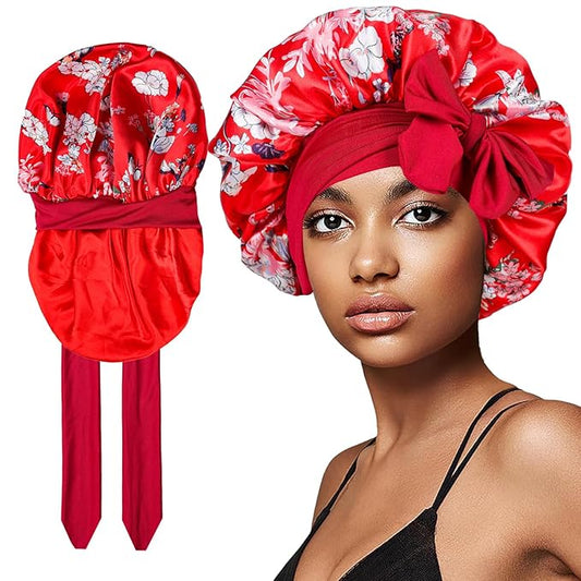 Silk Bonnet for Sleeping Women Satin Hair Cap with Tie Brand Curly Hair Sleep Protection Silk Head Wrap Double Layer - Red
