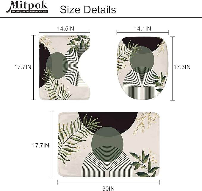 4 PCS Dark Green Boho 72Wx72H Shower Curtain Set Modern Mid Century Leaves Plant Bath Rug Toilet Lid Cover Nonslip U Shape Mat Quick Dry Rubber Backed Dirt Resistant Accessories Bathroom Decor
