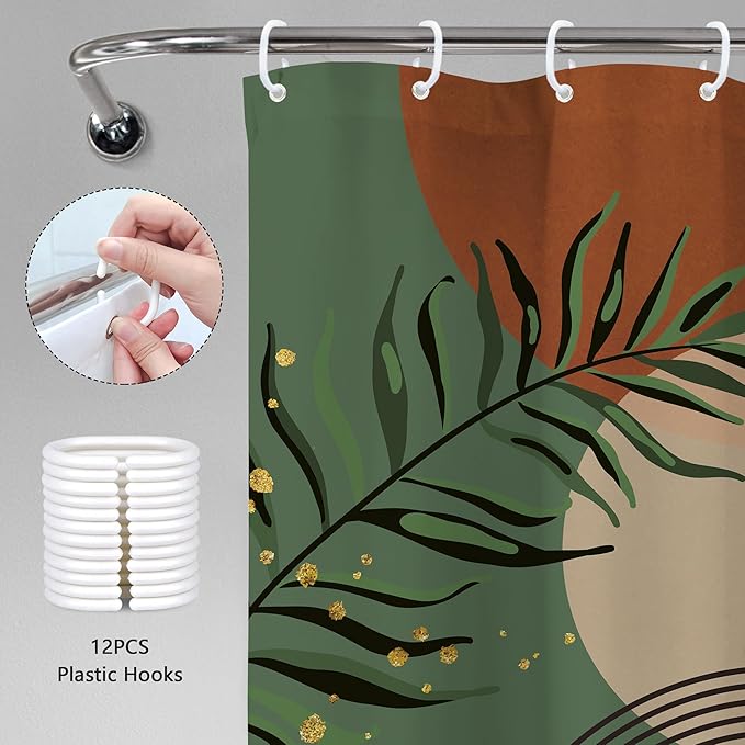 Boho Dark Green Shower Curtain 60Wx72H Abstract Bohemian Mid Century Minimalist Teal Gold Leaf Arch Geometric Plant Neutral Bathroom Decor Botany Bath Curtain Fabric Polyester 12 Pack Hooks
