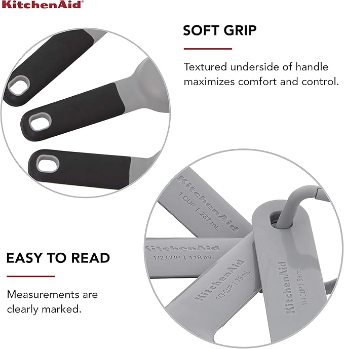 KitchenAid Universal Easy To Read Measuring Cup and Spoon Set with Soft Grip Handle for Maximum Control, Hang Hole and Nesting For Easy Storage, Dishwasher Safe, 9 Piece, Gray