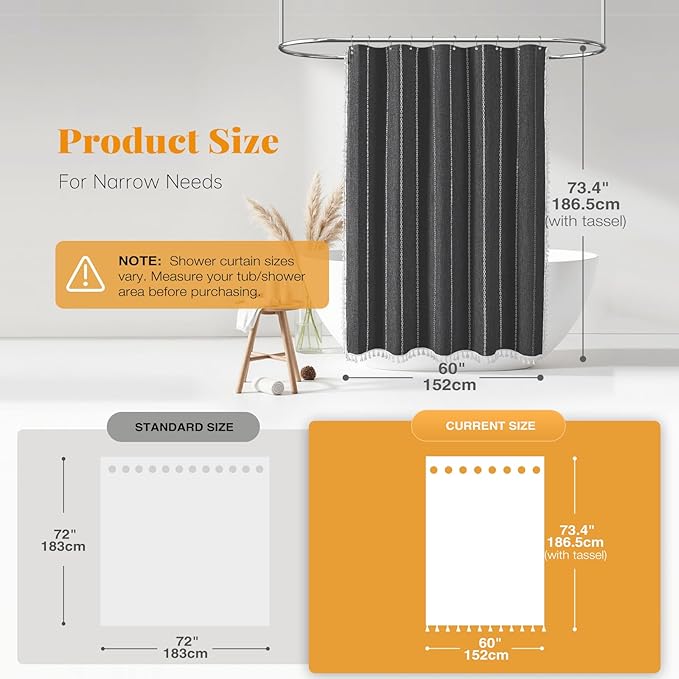 BTTN Stall Shower Curtain - 60x72 Narrow Boho Farmhouse Linen Vintage Striped Fabric Shower Curtain Set with 10 Hooks, Bohemian Cottage Decorative Cloth Shower Curtain for Bathroom - Charcoal Grey