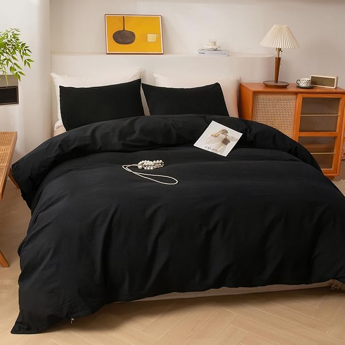 ECOCOTT 3 Pieces Duvet Cover King Size 100% Washed Cotton 1 Duvet Cover with Zipper and 2 Pillowcases, Ultra Soft and Easy Care Breathable Cozy Simple Style Bedding Set (Black,King)