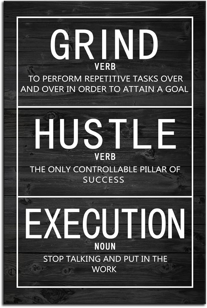 Grind Verb Hustle Verb Execution Noun Motivational Canvas Painting Wall Art Inspirational Poster Prints Artwork Pictures for Home Decor Office Framed Ready to Hang [12''W x 18''H]