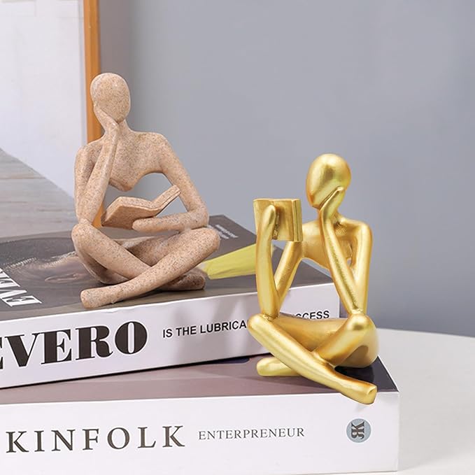 Gold Reading Women Statue, Thinker Sculptures, Abstract Art Ornament, Modern Aesthetic Figurine Decoration, Suitable for Home Living Room Bedroom Office Shelf Table Desk Bookshelf Decor