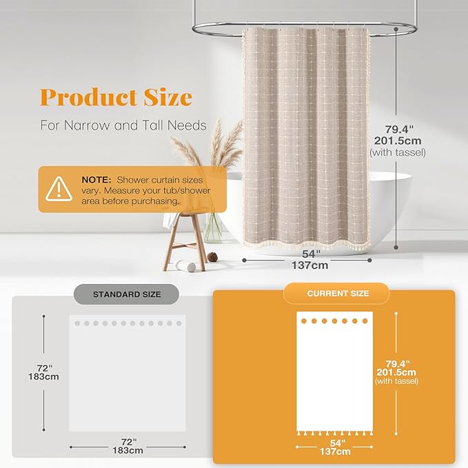BTTN Boho Stall Shower Curtain, 54x78 Inch Long Textured Linen Heavy Duty Fabric Shower Curtain Set with 10 Plastic Hooks, Narrow Rustic Farmhouse Country Thick Shower Curtains for Bathroom, Tan/Taupe