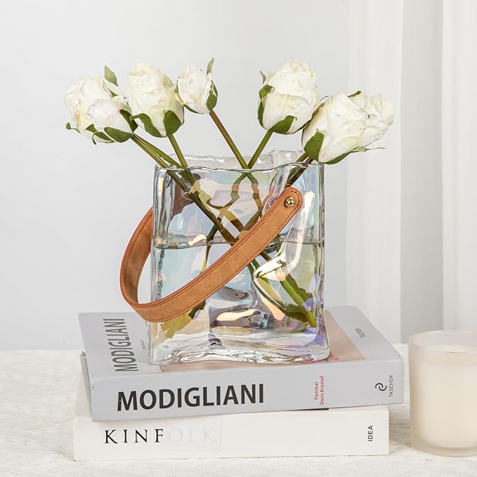 Glass Purse Vase for Flowers Iridescent Vases for Centerpieces Glass Bag Vase with Leather Handle Small Handbag Vases for Decor Decorative Fish Bowl for Home Wedding Decor