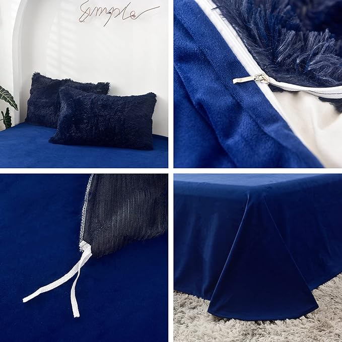 MorroMorn 5 PCS Shaggy Duvet Cover Bedding Set - Long Faux Fur Luxury Ultra Soft Cozy (Navy, King/California King)