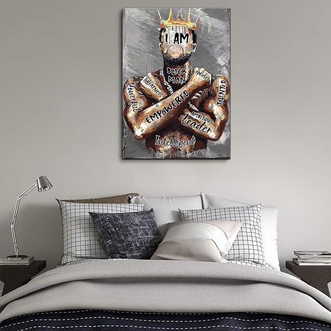 Framed African American Wall Art Inspirational Black Man Men Portrait Wall Art Afro King Poster Abstract Motivational Quotes Canvas Prints Painting Home Decor for Bedroom Living Room Gift for Black