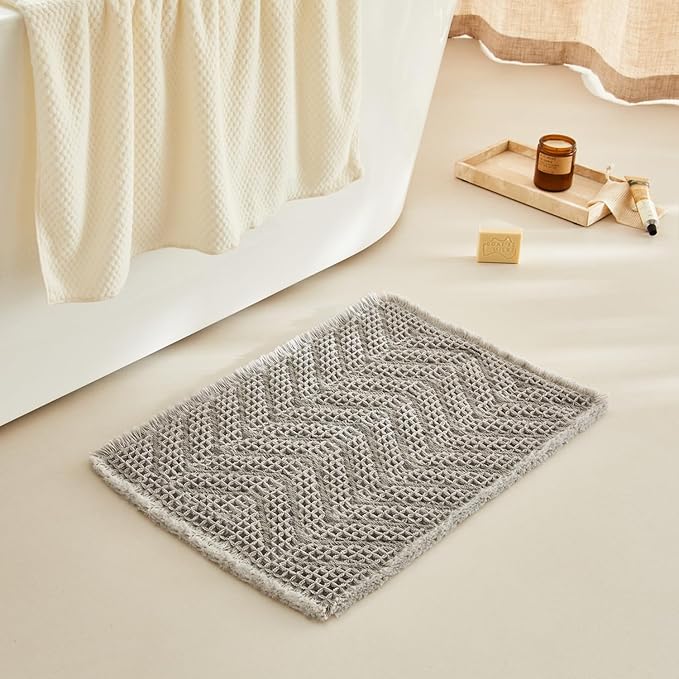 Upgraded Bath Mat, Non Slip, Machine Washable - Super Absorbent Waffle Weave, Rubber Backed, Ultra Soft - Gray, 17" x 24"