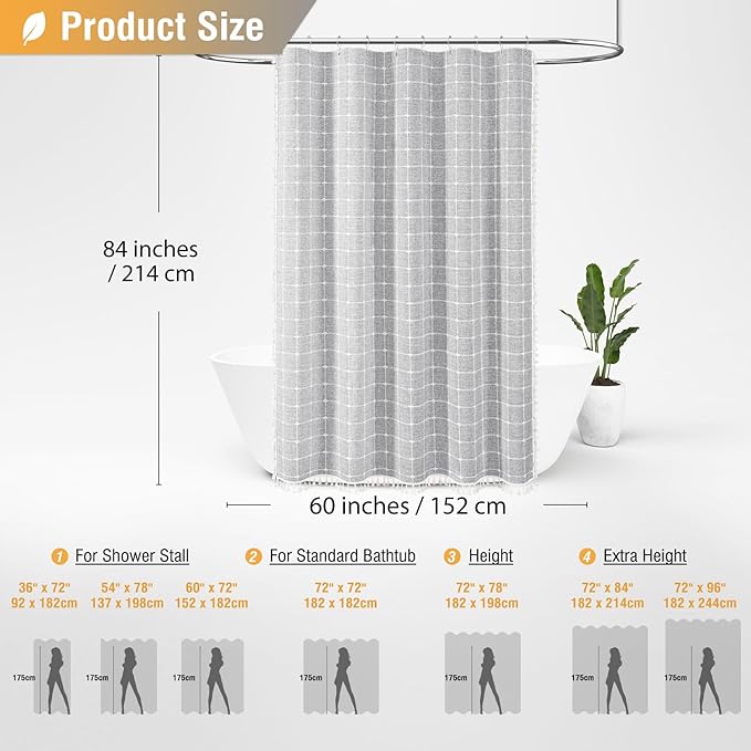 BTTN Stall Shower Curtain - 60x84 Long Boho Farmhouse Linen Weighted Fabric Cloth Shower Curtain Set with 10 Plastic Hooks, Narrow Bohemian Country Decorative Shower Curtains for Bathroom - Grey/Gray