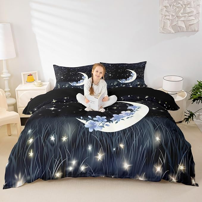 Castle Fairy Moon Duvet Cover Twin Size Starry Sky Theme Bedding Set Fashion Romantic Plant Flower Galaxy Print Comforter Cover for Kids Teen Boy Girl Bedroom Decoration