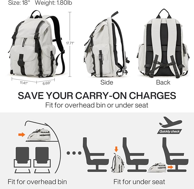 mixi Travel Backpack for Women Men, 18 Inch Carry On Laptop Backpack Flight Approved fits 16'' Laptop, Lightweight Waterproof Hiking Backpack Travel Outdoor Business Casual Daypack, Light Gray