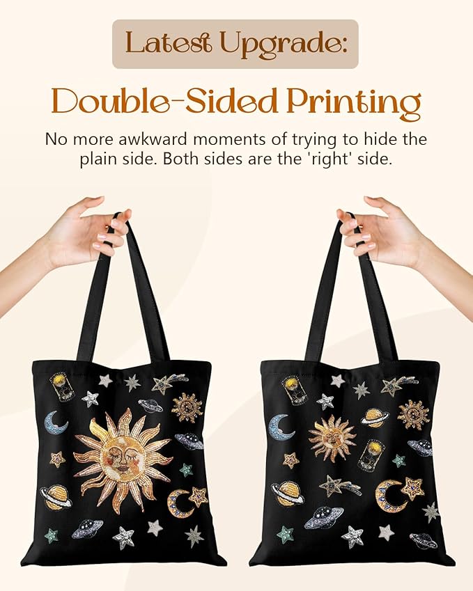 Canvas Tote Bag for Women – Aesthetic Canvas Bag with Zipper Cute Stylish Reusable Shoulder Totes for Shopping Work Daily Vacation, Sun Planets