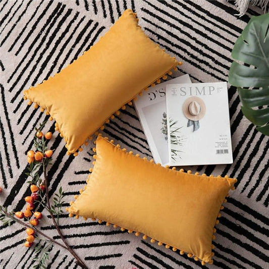 DEZENE Couch Pillow Covers 12x20 Golden Yellow: 2 Pack Cozy Soft Pom-poms Velvet Rectangular Throw Pillow Cases for Farmhouse Home Decor