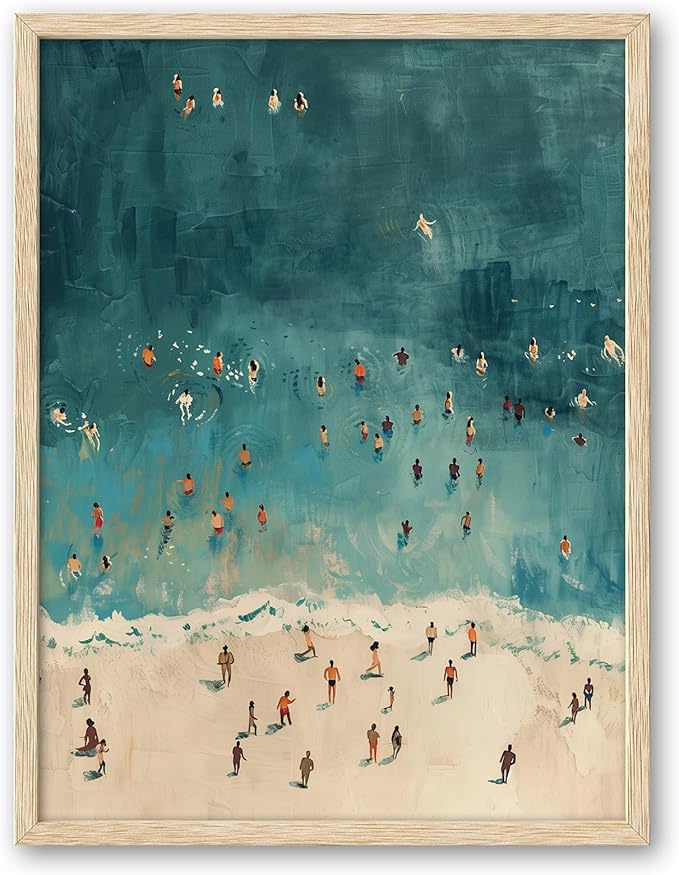 iHery Natural OAK Wood Framed Wall Art, 12x16 in Fashion Summer Tiny People Swimming In Ocean Canvas Wall Decor, Beige Minimalist Beach Bedroom Decor, Set of 1 For Bathroom Living Room