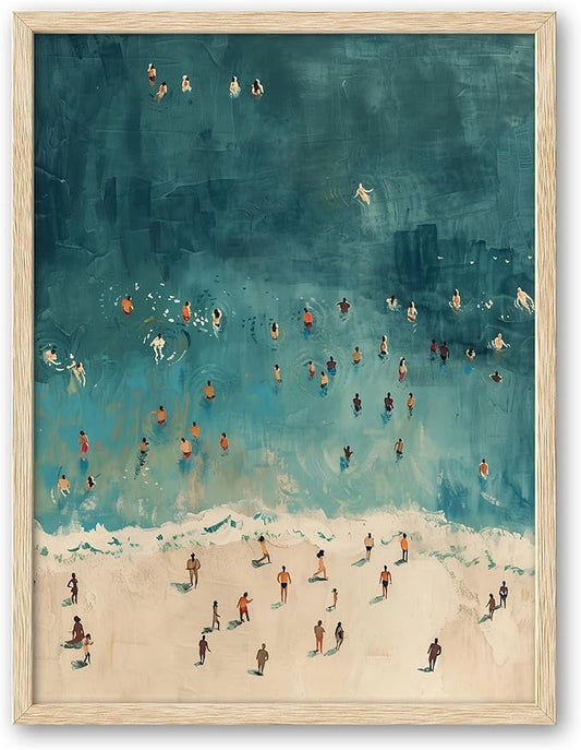 iHery Natural OAK Wood Framed Wall Art, 12x16 in Fashion Summer Tiny People Swimming In Ocean Canvas Wall Decor, Beige Minimalist Beach Bedroom Decor, Set of 1 For Bathroom Living Room
