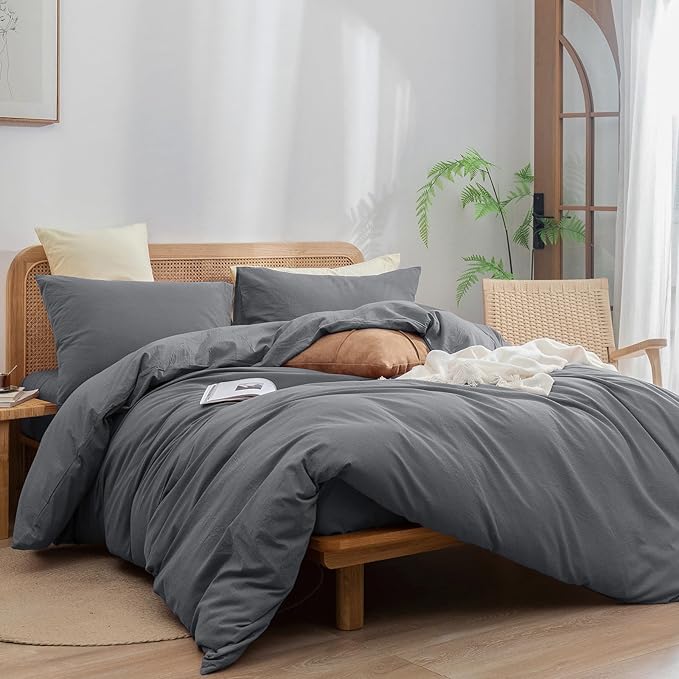 BESTOUCH Duvet Cover Set 100% Washed Cotton Linen Feel Super Soft Comfortable Chic Lightweight 3 PCs Home Bedding Set Solid Quiet Shade Grey Queen