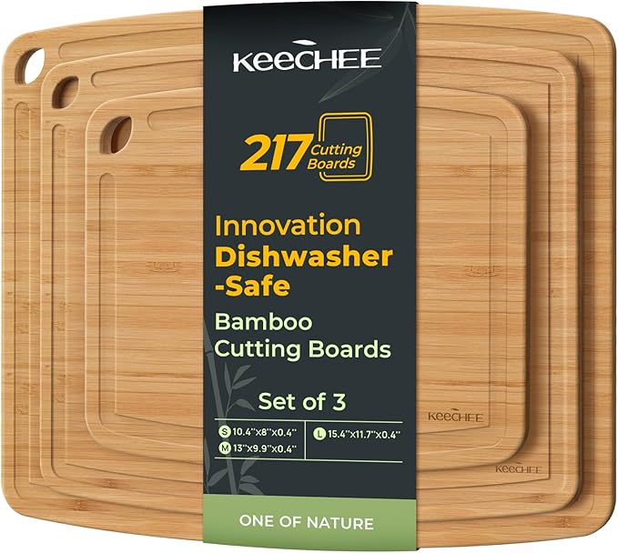 Dishwasher Safe Bamboo Cutting Boards Durable Lightweight Wood Cutting Board for Busy Kitchen, Easy Clean Wooden Chopping Boards with Juice Groove Set of 3 (L+M+S)