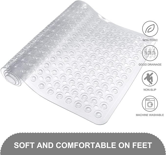 Bath Mat for Tub & Shower, Non Slip Soft Bathmat with Suction Cups & Drain Holes, Machine Washable Bathtub Floor Liner Mats for Bathroom, 35x16 Inch, Clear